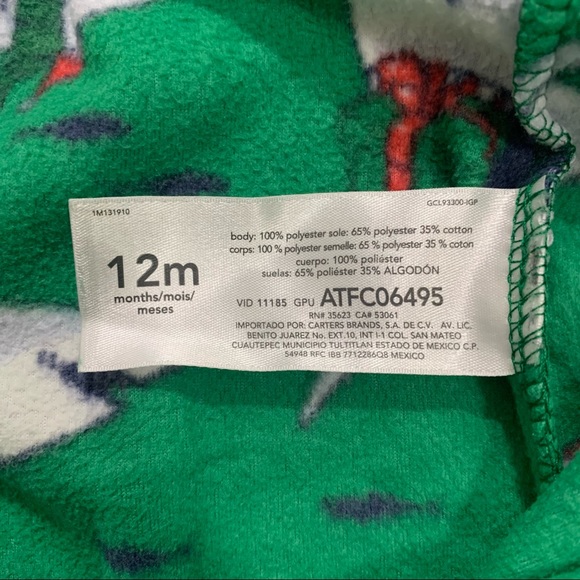 CARTER’S 1-Piece Green Christmas Shark Santa Holiday Fleece Footie PJs 12M - Picture 11 of 12